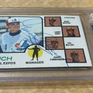1973 TOPPS GENE MAUCH EXPOS DECEASED SIGNED CARD BECKETT AUTHENTIC AUTOGRAPHED
