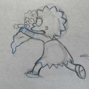 SIMPSONS CARTOON ANIMATION ART PENCIL CEL DRAWING OF LISA+MAGGIE RARE
