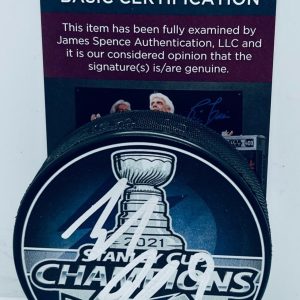 Tyler Johnson signed Tampa Bay Lightning 2021 Stanley Cup Champs Puck JSA