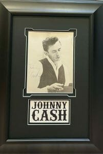 JOHNNY CASH VINTAGE SIGNED CUSTOM FRAMED 8X10 PHOTO FRAMED TO 18×25 JSA COA
 COLLECTIBLE MEMORABILIA