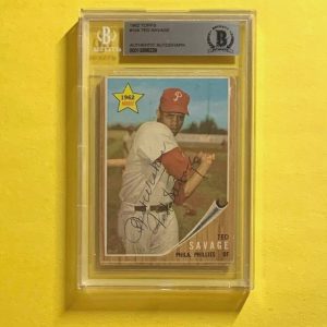 1962 TOPPS TED SAVAGE #104 AUTHENTIC AUTO BECKETT CERTIFIED PHILLIES
