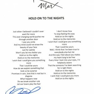 Richard Marx Signed Lyric Sheet Hold On To The Nights 3 COA