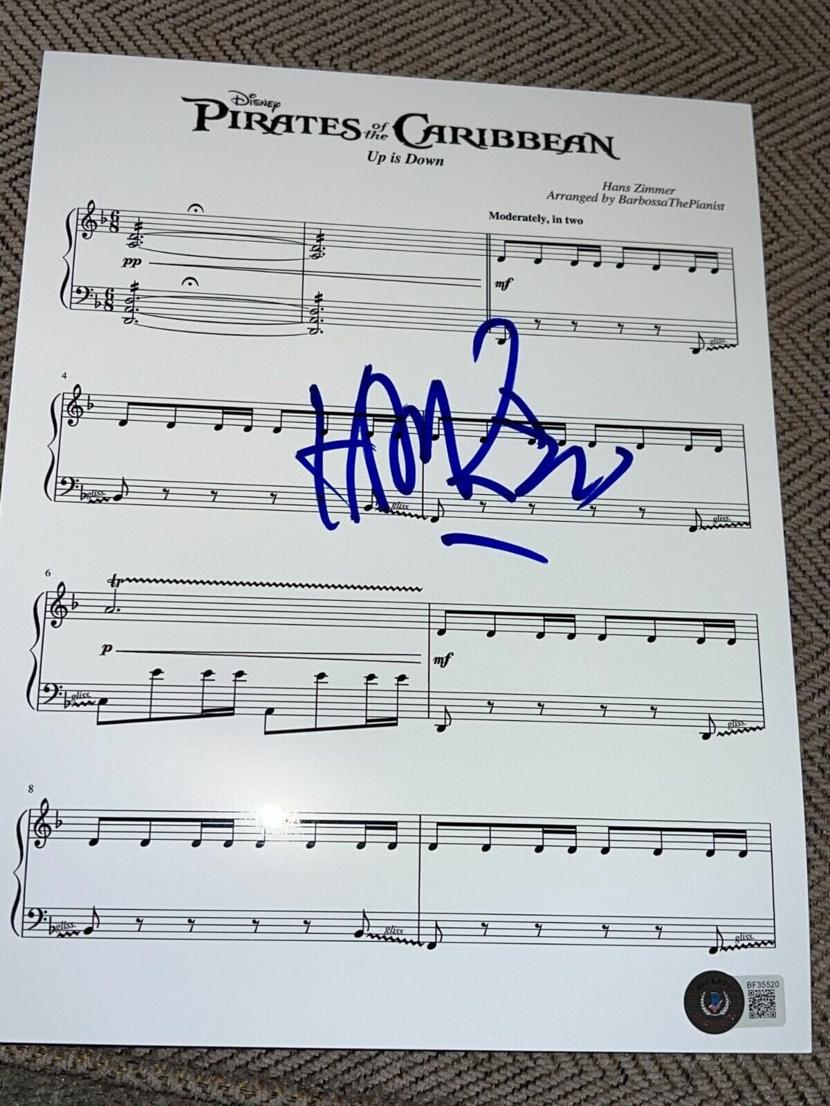 HANS ZIMMER SIGNED AUTOGRAPH SHEET MUSIC PIRATES OF THE CARIBBEAN ...