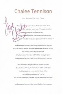 CHALEE TENNISON SIGNED AUTOGRAPH LYRICS “JUST BECAUSE SHE LIVES” COUNTRY MUSIC COLLECTIBLE MEMORABILIA