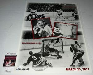 BOBBY HULL SIGNED CHICAGO BLACKHAWKS 24×18 POSTER W INSCRIPTIONS AUTOGRAPHED JSA COLLECTIBLE MEMORABILIA