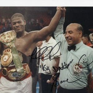 BOXER RIDDICK BOWE CHAMPIONSHIP BELT SIGNED 8X10