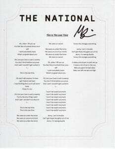 THE NATIONAL THIS IS THE LAST TIME LYRIC SHEET SIGNED BY MATT BERNINGER COLLECTIBLE MEMORABILIA