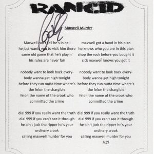 RANCID MAXWELL MURDER LYRIC SHEET SIGNED BY LARS FREDERIKSEN