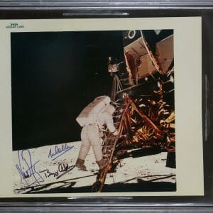 Apollo 11 (3) Armstrong, Aldrin & Collins Signed 8x10 NASA Blue # Photo BAS Slab