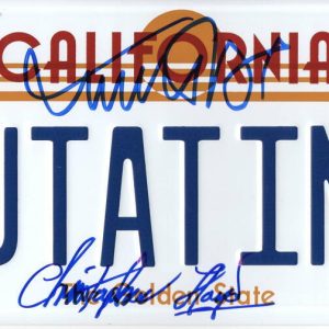 MICHAEL J FOX CHRISTOPHER LLOYD SIGNED BACK TO THE FUTURE LICENSE PLATE PSA 20