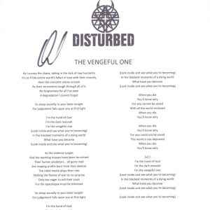 David Draiman Signed Autographed Disturbed The Vengeful One Lyric Sheet ACOA COA
