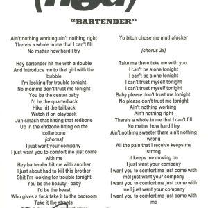 Jared Gomes Signed Autographed Hed PE Bartender Song Lyric Sheet ACOA COA