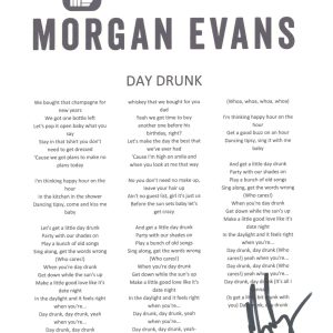 Morgan Evans Signed Autographed Day Drunk Song Lyric Sheet Country Star ACOA COA