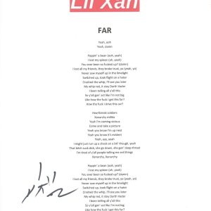 Lil Xan Signed Autographed Far Song Lyric Sheet Diego Leanos Rapper ACOA COA