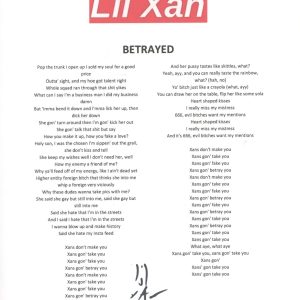 Lil Xan Signed Autographed Betrayed Song Lyric Sheet Diego Leanos ACOA COA