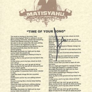 Matisyahu Signed Autograph Time of Your Song Lyric Sheet Rapper Hip Hop ACOA COA
