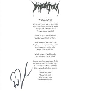 Ross Dolan Signed Autographed Immolation World Agony Lyric Sheet ACOA COA