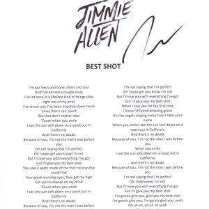 Jimmie Allen Signed Autographed Best Shot Song Lyric Sheet Country Star ACOA COA
