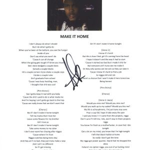 August Alsina Signed Autographed Make It Home Song Lyric Sheet Rapper ACOA COA