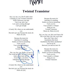 David Silveria Signed Autographed Twisted Transistor Korn Lyric Sheet ACOA COA