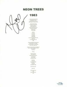 TYLER GLENN SIGNED AUTOGRAPHED NEON TREES 1983 SONG LYRIC SHEET ACOA COA COLLECTIBLE MEMORABILIA