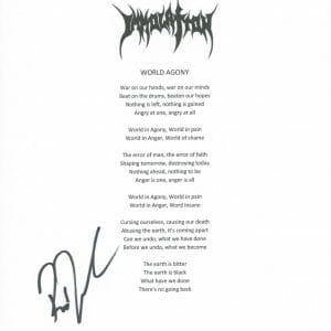 Ross Dolan Signed Autographed Immolation World Agony Lyric Sheet ACOA COA