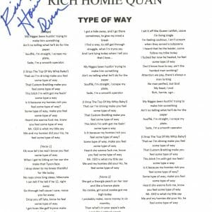 Rich Homie Quan Signed Autograph Type of Way Lyric Sheet Hip Hop Rapper ACOA COA