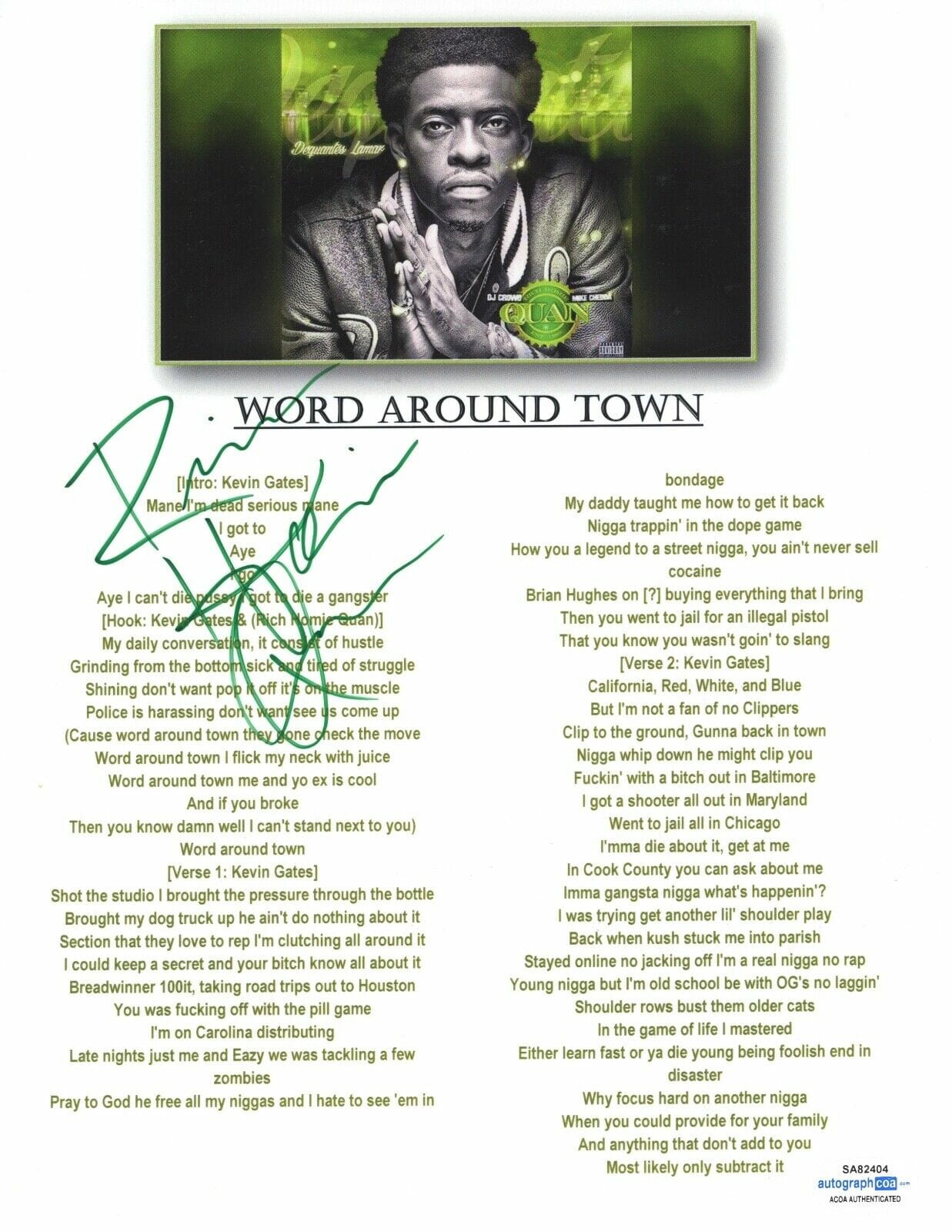 Rich Homie Quan Signed Word Around Town Lyric Sheet Kevin Gates Rapper ...