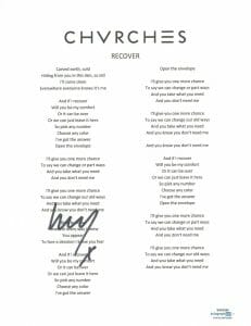 LAUREN MAYBERRY SIGNED AUTOGRAPHED CHVRCHES RECOVER SONG LYRIC SHEET ACOA COA COLLECTIBLE MEMORABILIA