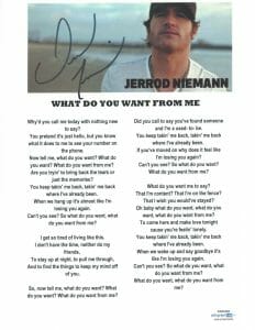 JERROD NIEMANN SIGNED AUTOGRAPHED WHAT DO YOU WANT FROM ME LYRIC SHEET ACOA COA COLLECTIBLE MEMORABILIA