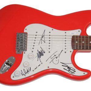 ATREYU FULL BAND X5 SIGNED AUTOGRAPH RED FENDER ELECTRIC GUITAR RARE! W/ JSA COA