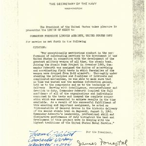 FREDERICK ASHWORTH SIGNED LEGION OF MERIT DOCUMENT PSA DNA AD28818 ATOMIC BOMB