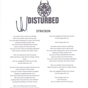 David Draiman Signed Autographed Disturbed Stricken Song Lyric Sheet ACOA COA