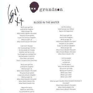 Grandson Signed Autographed Blood // Water Song Lyric Sheet ACOA COA
