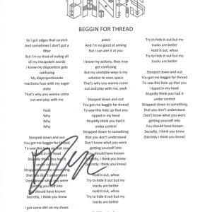 BANKS Jillian Signed Autographed Beggin For Thread Song Lyric Sheet ACOA COA