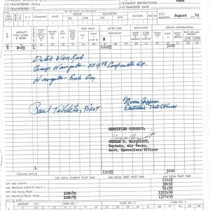 DUTCH VAN KIRK SIGNED FLIGHT RECORD DOCUMENT PSA DNA AB13902 TIBBETS JEPPSON