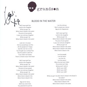 Grandson Signed Autographed Blood // Water Song Lyric Sheet ACOA COA