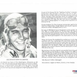 JOHN BARTOL SIGNED 8X10 (D) PSA DNA AC42065 WWII ACE 5 KILLS