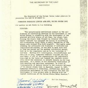 FREDERICK ASHWORTH SIGNED LEGION OF MERIT DOCUMENT PSA DNA AD28818 ATOMIC BOMB