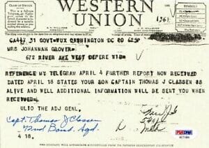 THOMAS CLASSEN SIGNED WESTERN UNION DOCUMENT PSA DNA AE71484 (D) WWII 72ND BS