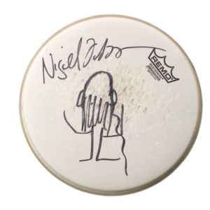 NIGEL OLSSON SIGNED AUTOGRAPH 10" STAGE USED DRUMHEAD - ELTON JOHN DRUMMER JSA