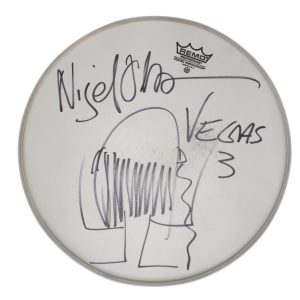 NIGEL OLSSON SIGNED AUTOGRAPH 14" STAGE-USED DRUMHEAD W/ SKETCH ELTON JOHN JSA