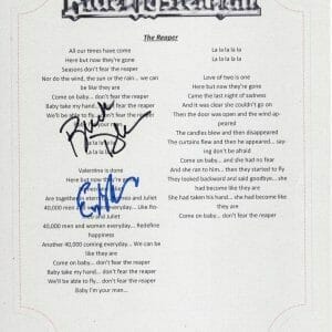 BLUE OYSTER CULT BUCK & ERIC THE REAPER SIGNED LYRIC SHEET LEGEND
