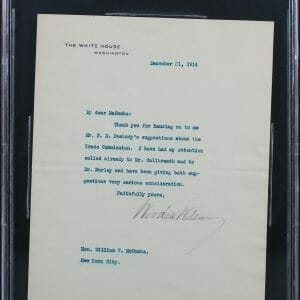 Woodrow Wilson Signed 7x8.75 1914 Letter On White House Letterhead BAS Slab