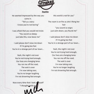 THE STROKES NICK VALENSI SIGNED REPTILIA LYRIC SHEET