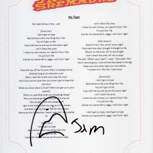 RAE SREMMURD SLIM JXMMI SIGNED NO TYPE LYRIC SHEET
