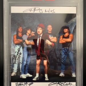 AC/DC HAND SIGNED 8x10 COLOR PHOTO RARE SIGNED BY WHOLE BAND+PSA SLABBED