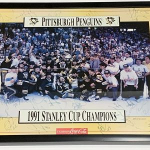 1991 PITTSBURGH PENGUINS TEAM SIGNED FRAMED 16X20 POSTER MARIO LEMIEUX JSA LOA