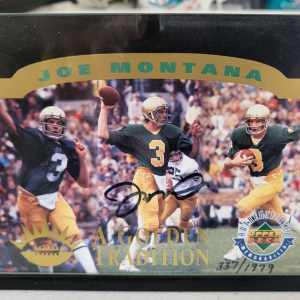 UPPER DECK A GOLDEN TRADITION JOE MONTANA AUTOGRAPHED DIE CUT CARD W/FRAME STAND