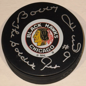BOBBY HULL Signed BLACKHAWKS Original 6 Puck Beckett Auth BAS & GOLDEN JET Inscr
Opens in a new window or tab